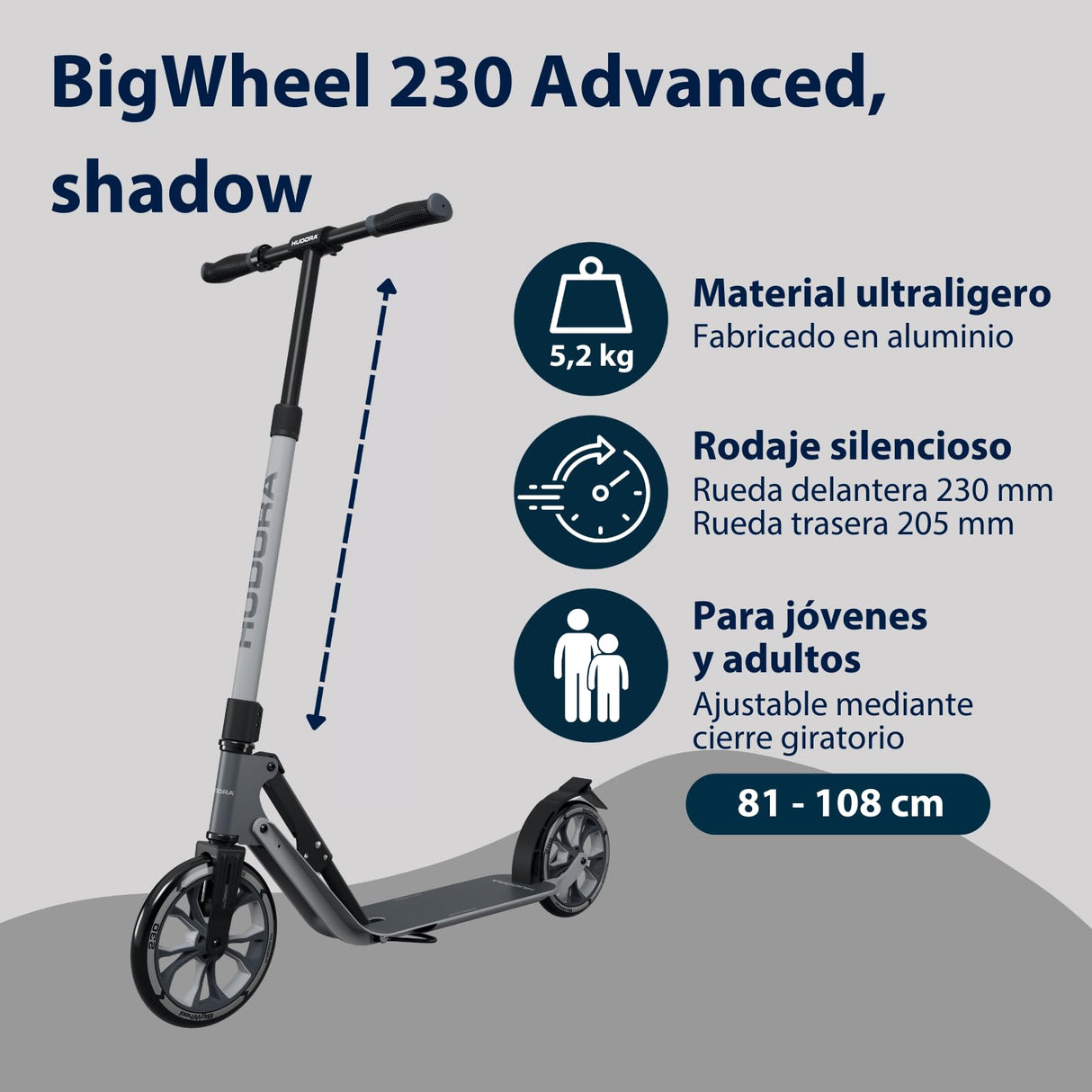 HUDORA Patinete BigWheel 230 Advanced – De Aluminio Resistente, hasta 120 kg – Patinete Urbano silencioso y Plegable con Soporte y Timbre – Kick Scooter para niños, Adolescentes y Adultos – Antracita