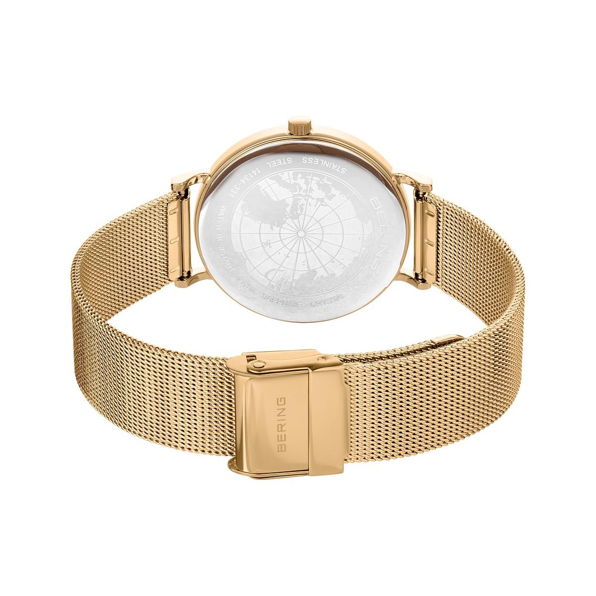 BERING 14134-331 Reloj de cuarzo para mujer con caja de acero inoxidable de 34 mm con acabado dorado y esfera blanca, correa milanesa, cristal de zafiro y resistencia al agua de 3 ATM