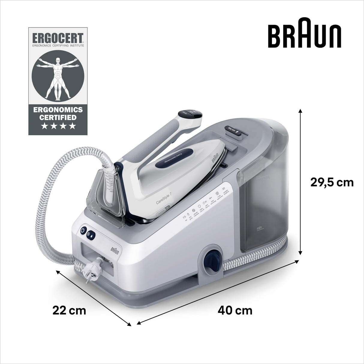Braun CareStyle 7 IS7262GY, Centro de Planchado con Generador de Vapor Profesional, FreeGlide 3D, iMode e iCare, Planchado Vertical, Ultimate FastClean, Depósito Extraíble 2 L, 2700W, Violeta