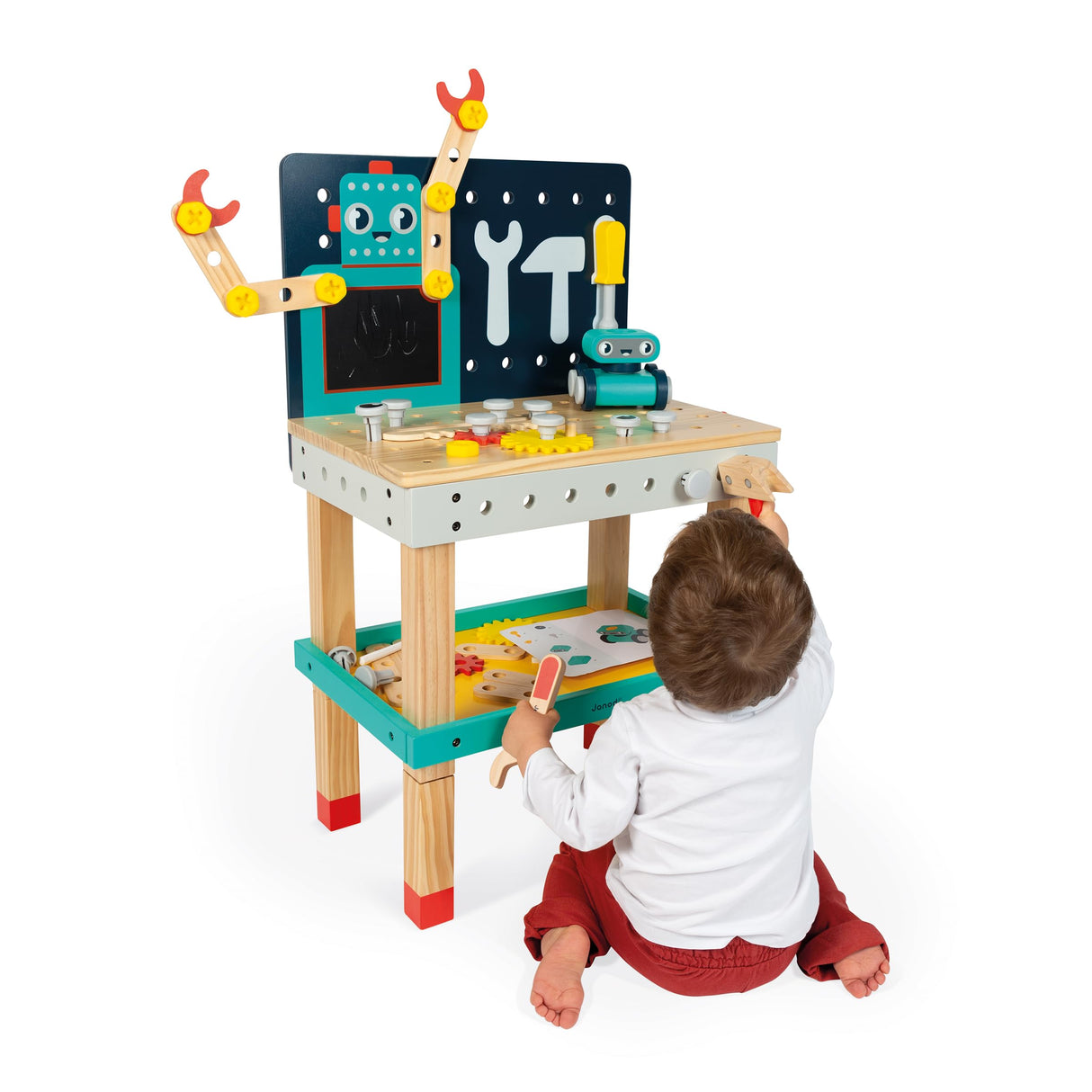 Janod - Mesa Grande Robot Brico'Kids - Juego de Bricolaje Infantil - 51 Accesorios + 3 Herramientas + 1 Robot - Juego de Imitación - Desarrolla la Motricidad Fina - A Partir de 36 Meses, J06457