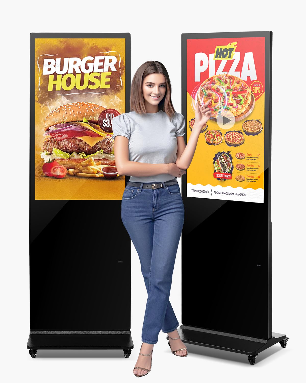 VEVOR Tope digital para clientes, pantalla publicitaria (tamaño de pantalla de 109 cm), pantalla LCD UHD de 2 K, 2 GB de RAM y 32 GB de ROM, pantalla de pie con WiFi, entrada HDMI/USB, pantalla táctil