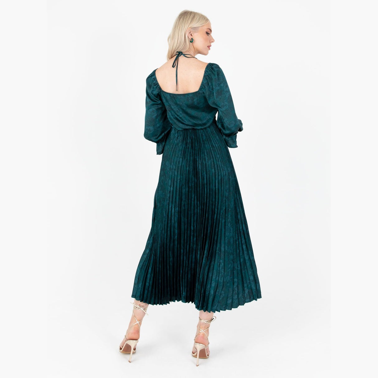 Lovedrobe Women's Midaxi Dress Ladies Emerald Green Pleated Empire A-Line High Waist Tie Neck Wedding Guest Cocktail Evening Prom, Vestido,