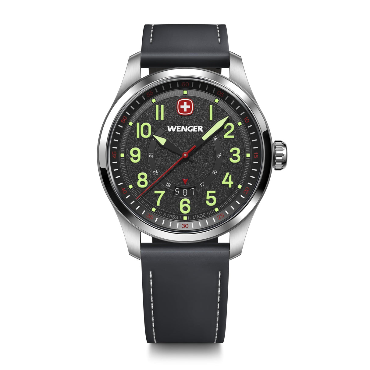 Wenger Reloj de Hombre Terragraph Analógico Quarz, Ø 43 mm, Swiss Made, Resistente al Agua hasta 100 m, Negro/Plata, Correa de Cuero, 01.0541.121