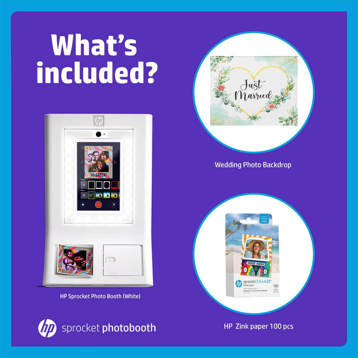 HP Sprocket Cabina fotográfica Impresora instantánea de Color (Blanca) + Papel Zink (100 Hojas) + Fondo fotográfico de Boda (1)