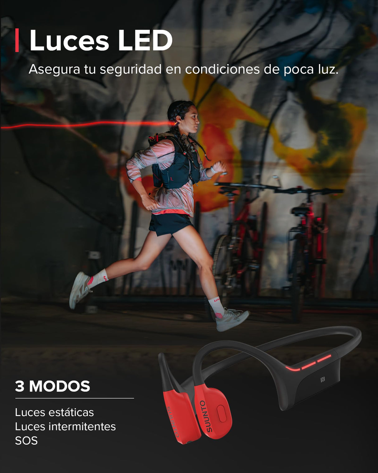 SUUNTO Wing Open-Ear Auriculares Conducción Ósea, Auriculares Deportivos Inalámbricos Bluetooth, Control Movimiento Cabeza, Micrófono HD Incorporado, Resistente al Desgaste IP67, Luces Seguridad