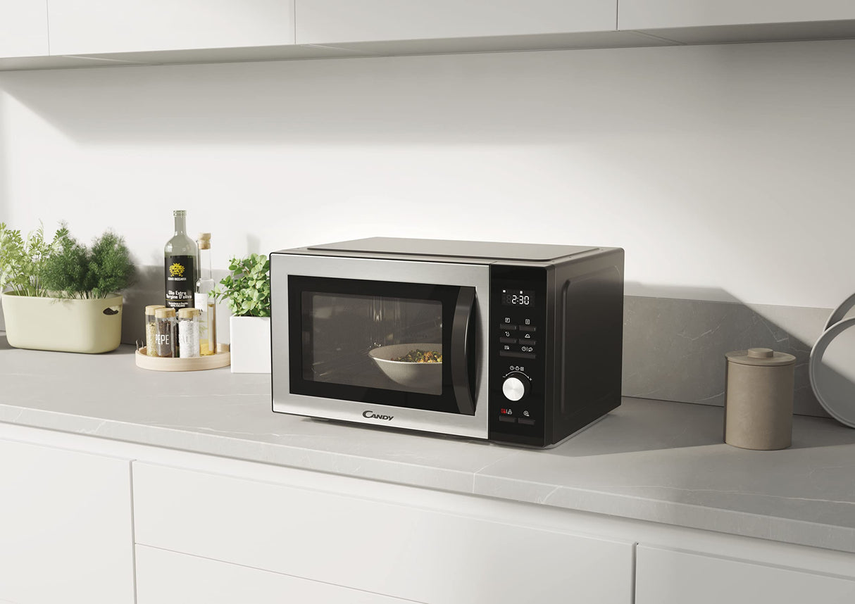 Candy Essenza CMCA29EDLB Horno Microondas Combinado, con Grill, 29L, 1000-2100W, Convección, 5 Niveles de Potencia, Digital, Automenús, Bloqueo Seguridad, Inicio Diferido, Descongelación, Negro e Inox