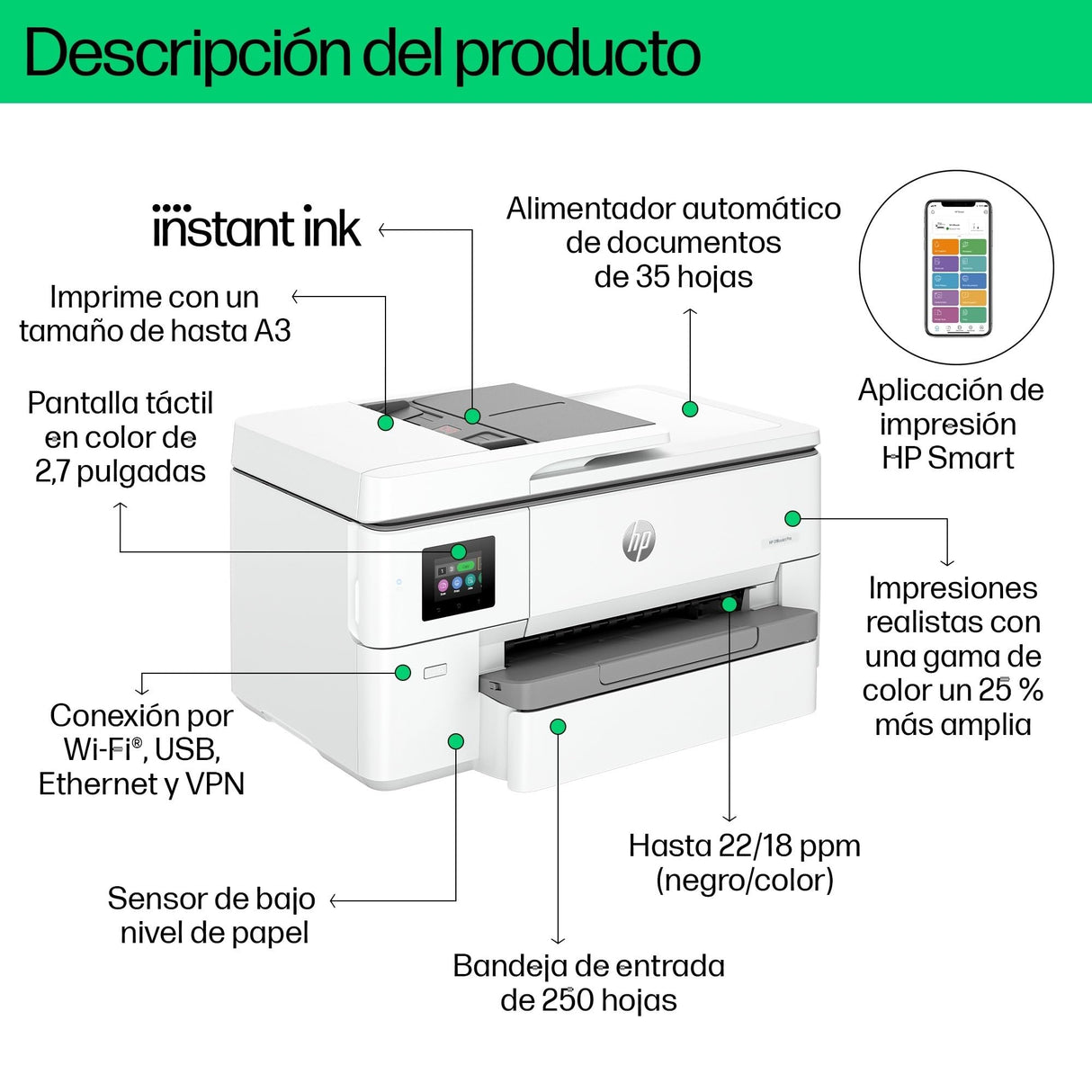 HP OfficeJet Pro 9720e - Impresora multifunción profesional de tinta, Impresión hasta A3 e impresión automática a doble cara hasta A4, Wi-Fi, 3 meses de impresión Instant Ink con HP+