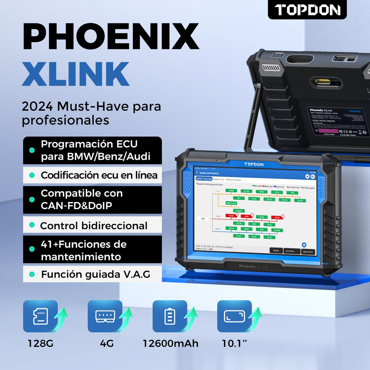 TOPDON Phoenix XLink Herramienta de Diagnóstico de Programación ECU, Escáner de Diagnóstico con Codificación ECU Online/41 Servicio/Control Bidireccional/Guiado V.A.G, Topología, Actualización 2 Años