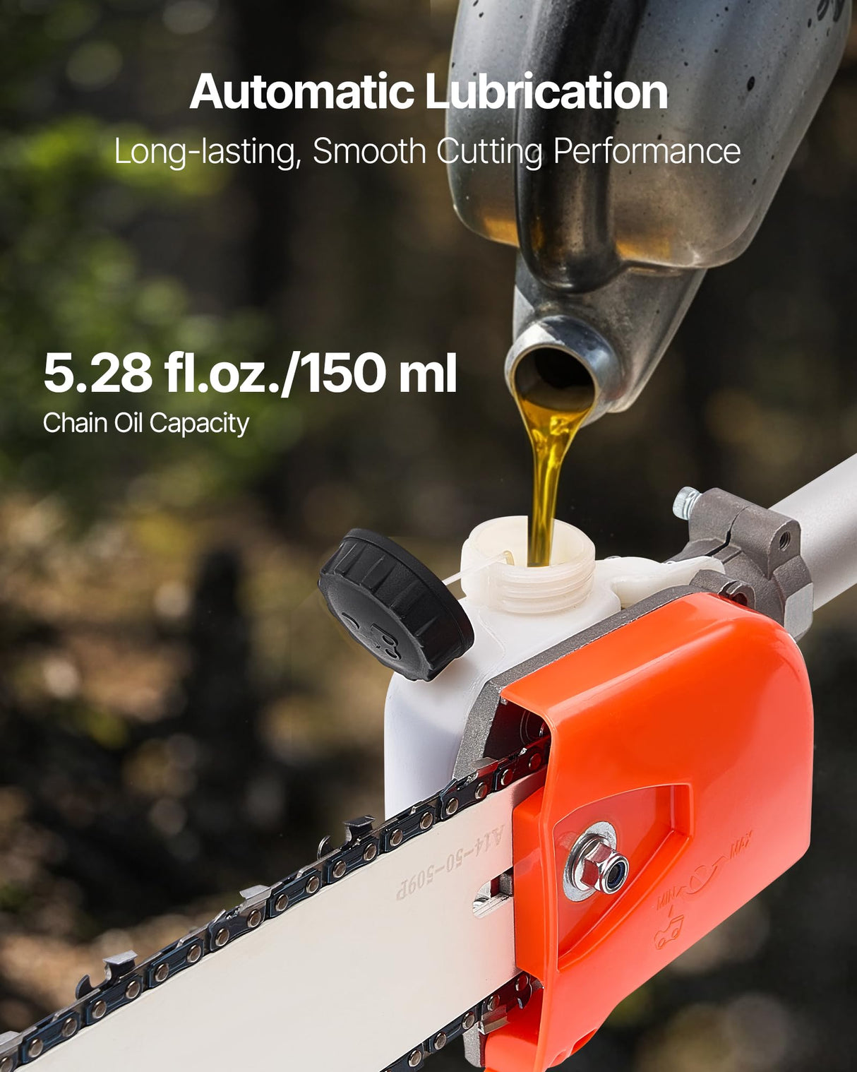 VEVOR Motosierra de Pértiga a Gasolina, Motosierra Inalámbrica de 52 cc y 2 Tiempos con Barra de Corte de 35,6 cm, Tanque de Combustible de 850 ml y Extensible de 2,2-2,94 m para Podar Árboles