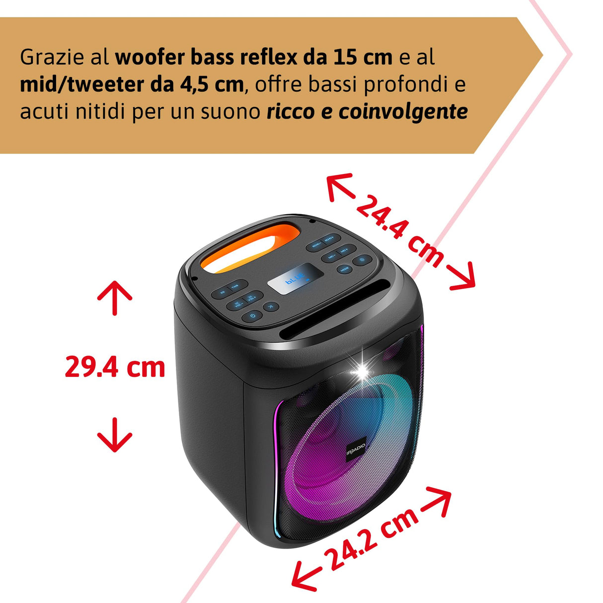 IRRADIO Altavoz portátil IR-PS40 POWER1, 40 W RMS, Woofer Bass Reflex de 15 cm, Luces LED RGB, micrófonos para Karaoke, True Wireless Stereo, DSP, batería de Larga duración, diseño Compacto.