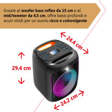 IRRADIO Altavoz portátil IR-PS40 POWER1, 40 W RMS, Woofer Bass Reflex de 15 cm, Luces LED RGB, micrófonos para Karaoke, True Wireless Stereo, DSP, batería de Larga duración, diseño Compacto.