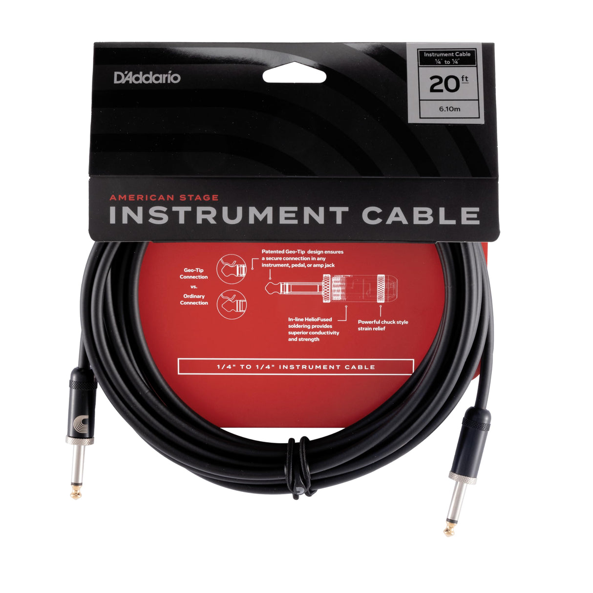 Planet Waves Cable de guitarra D'Addario American Stage, cable de instrumento con conectores de 1/4", extremo recto, 6 metros