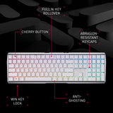 CHERRY MX 3.0S Wireless, teclado Gaming mecánico inalámbrico con iluminación RGB, distribución de teclado alemán (QWERTZ), conexión Bluetooth, radiofrecuencia o cable, switches MX BROWN, blanco