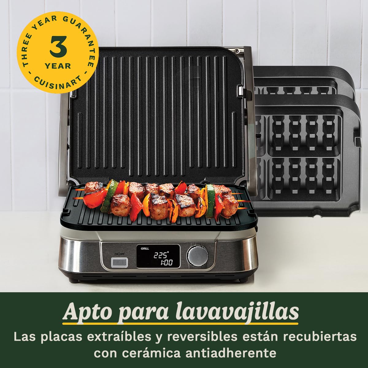 Cuisinart 6-en-1 : Gril, Plancha, Gaufrier | Plaques réversibles antiadhésives | Écran digital | SearBlast® | Bisagra ajustable, Acero inoxidable