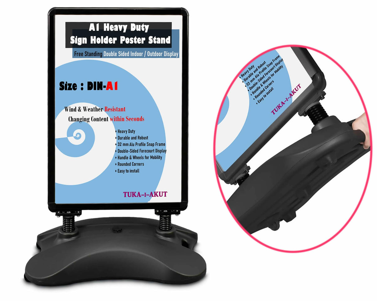 TUKA-i-AKUT DIN A1 Soporte para Carteles, Doble Cara, Robusto Expositor de Póster con Ruedas y Marco de Aluminio, Base Resistente, Soporte Publicitario Estable Interiores y Exteriores, TKD8425 Negro