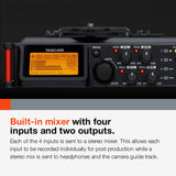 TASCAM Grabadora de audio portátil de 4 canales para videógrafos, 4 entradas combinadas XLR/TRS, 2 micrófonos internos, limitador, filtro HP (DR-70D)
