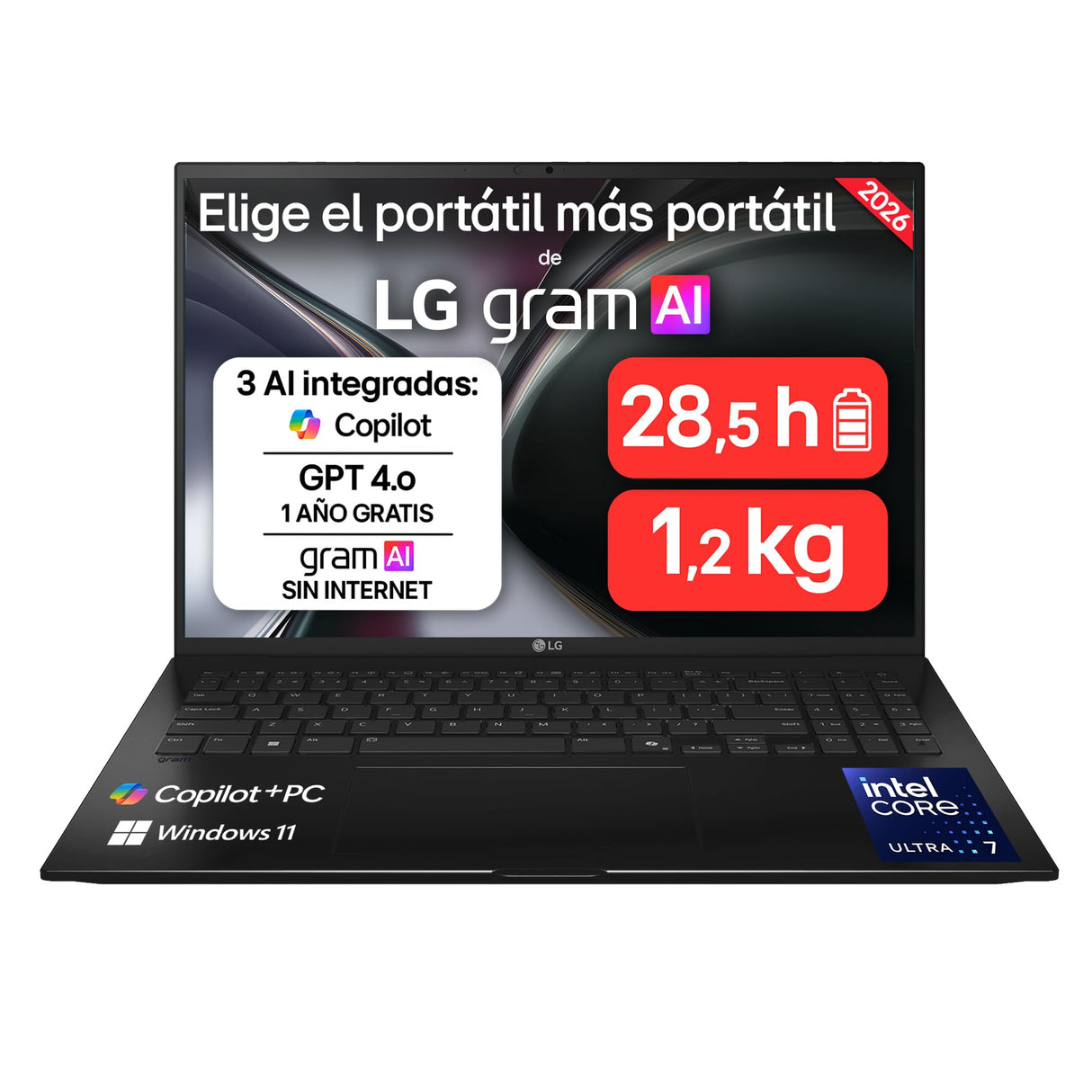 LG gram 16Z90TL-G.AU85BN - Ordenador Portátil Ultraligero de 16" Intel Core Ultra 7 258V, 32 GB RAM, 512 GB SSD, IPS Antirreflejo, 1239g, 28.5h, Windows 11, Teclado QWERTY Español, Negro Carbón