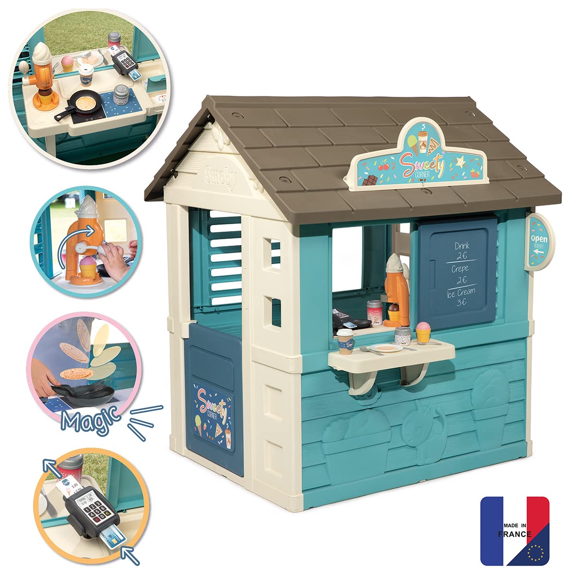 Smoby-Casita Sweety Corner, Puesto de Dulces para Llevar, con Dos Zonas de Juego y Múltiples Accesorios, Estructura Sólida y Resistente,Tratamiento Anti-UV, Adecuado a Partir de 2 Años-105x110 x127cm