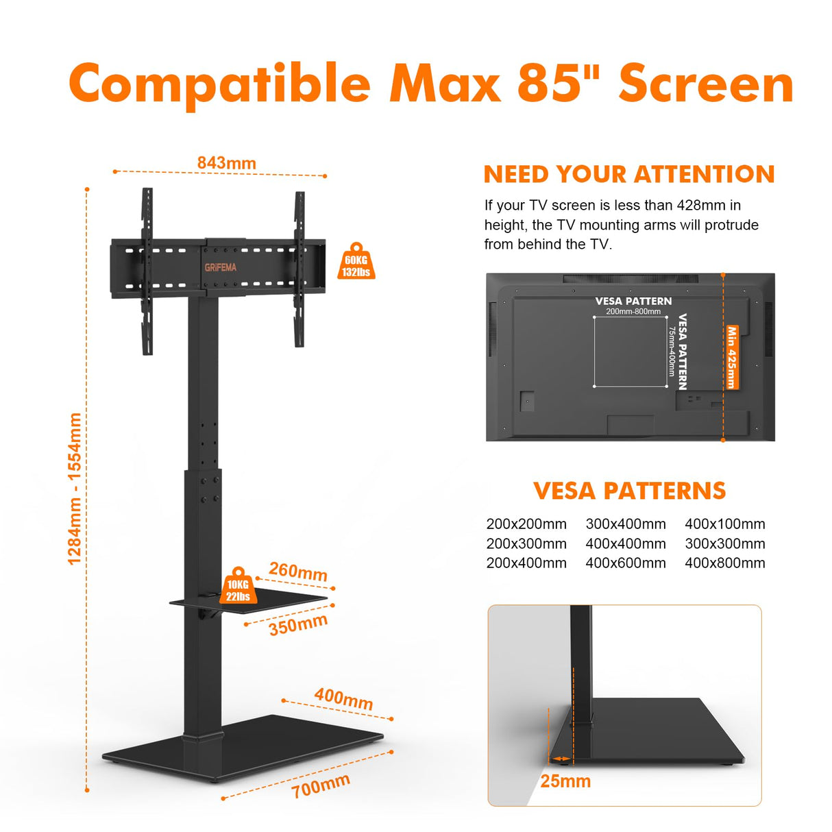 GRIFEMA GB3002 Soporte TV Pie Universal para Televisores de Plasma/LCD/LED hasta 85 Pulgadas, Soporte TV Suelo con EEstantes de Vidrio Templado de 2 Niveles, hasta 60 kg, VESA MÁX. 400x800mm