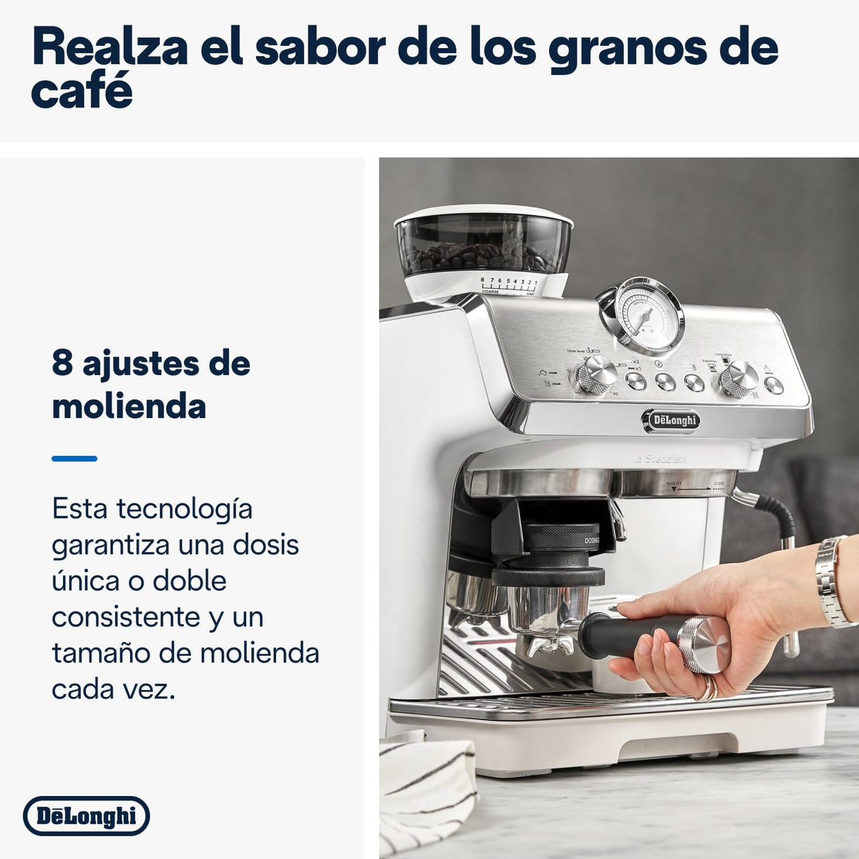 De'Longhi La Specialista Arte EC9155.W, Cafetera Expresso Manual, Tecnología de Molido con Sensor y 8 Ajustes, Control Activo de la Temperatura, Espumador de Leche MyLatte Art, 1550 W, Blanco