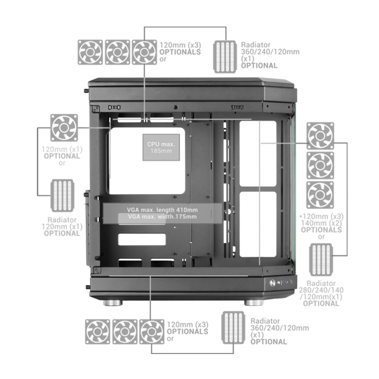 Mars Gaming MC-3T, Caja Gaming Custom ATX, Triple Ventana Cristal Templado Continuo, Soporte Refrigeración Líquida Completo, Cámara Dual Lateral, 3X Slots PCI Verticales, USB-C y USB 3.0, Rosa