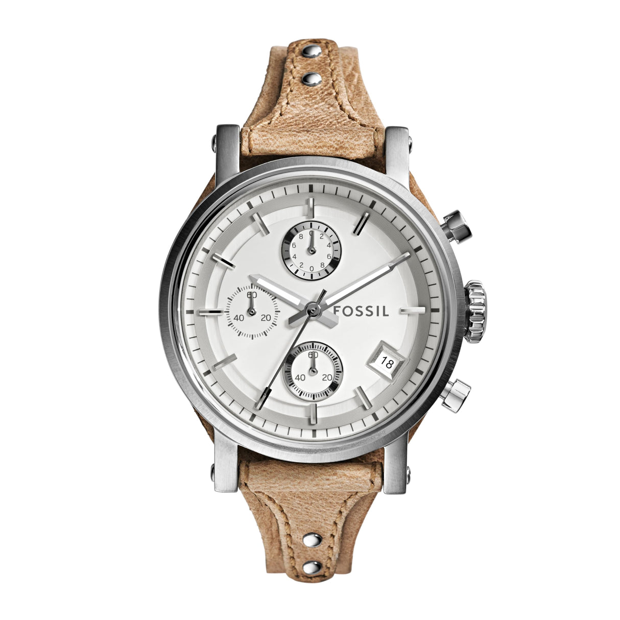 Fossil Original Boyfriend Reloj para mujer, movimiento cronógrafo con correa de acero o piel, Beige y plata, 38MM