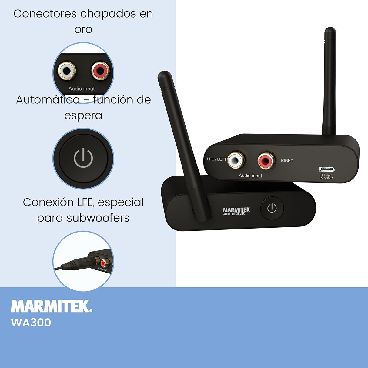 Marmitek Transmisor de Subwoofer Inalámbrico WS400 - Conecte su Subwoofer de Forma Inalámbrica a su Sistema Estéreo - Conector de 3,5 mm - Transmisor de Audio Inalámbrico