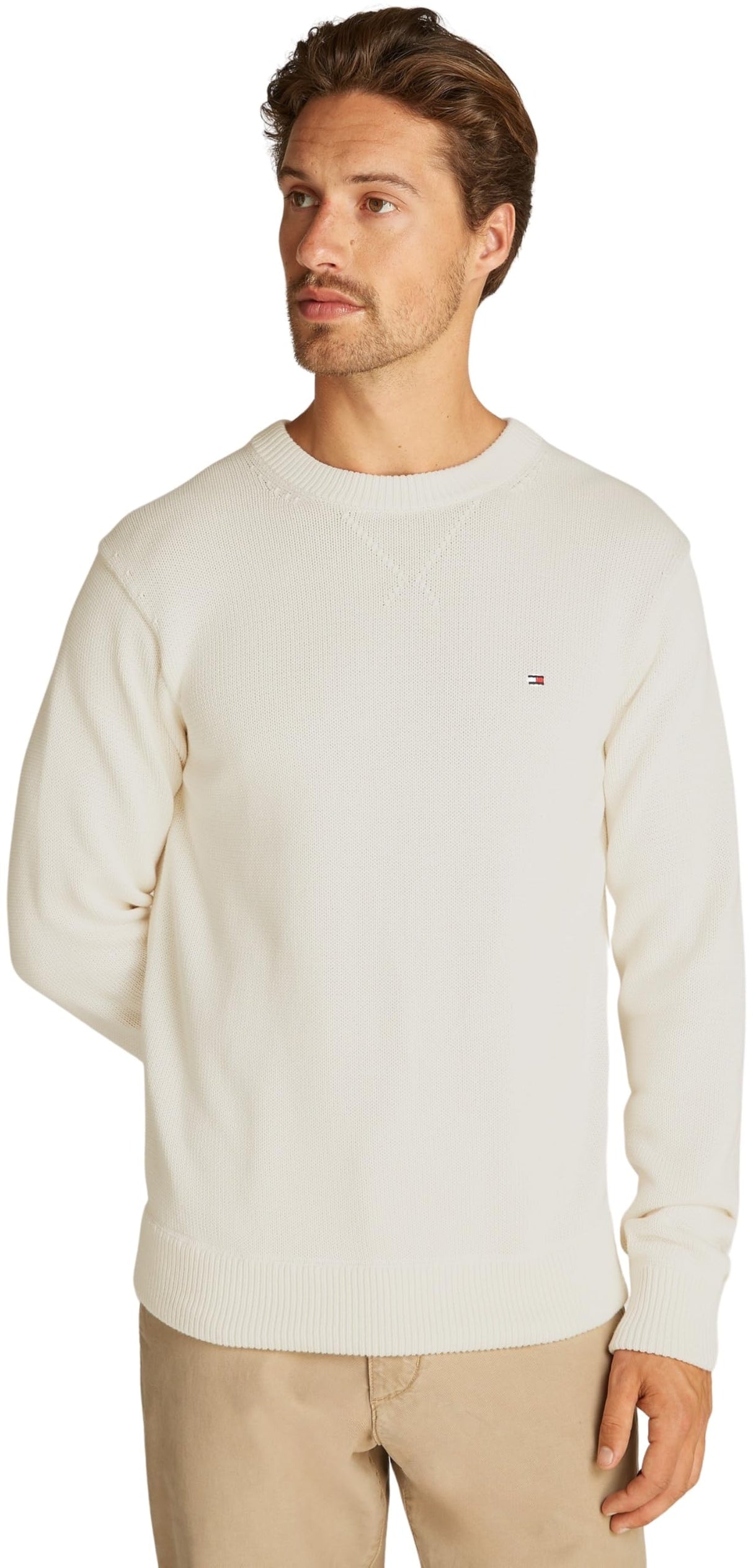 Tommy Hilfiger Jersey Hombre Chunky Cotton Crew Neck Jersey de Punto, Marfil (Ivory Petal), M