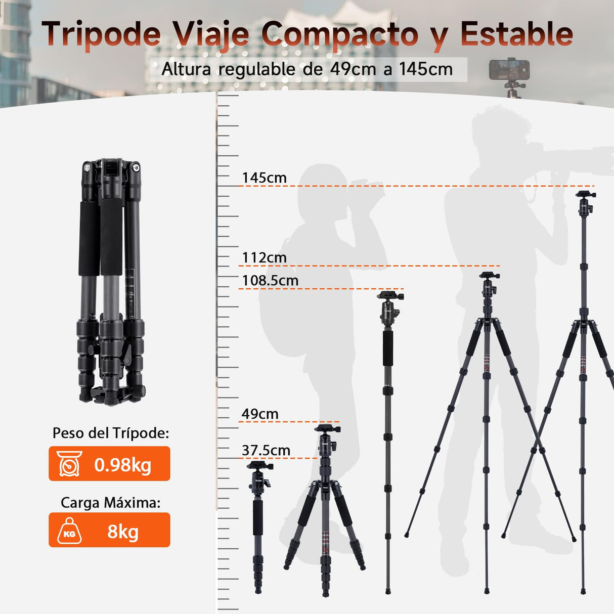 Rollei Tripode Camara Portátil Negro, 145cm Compact Traveler No.1 Carbon Trípode de Viaje Ligero con Soporte para Teléfono y Rótula de Bola 8kg Carga para Movil y Camara, Trípode-Cámara-Viaje-Tripod