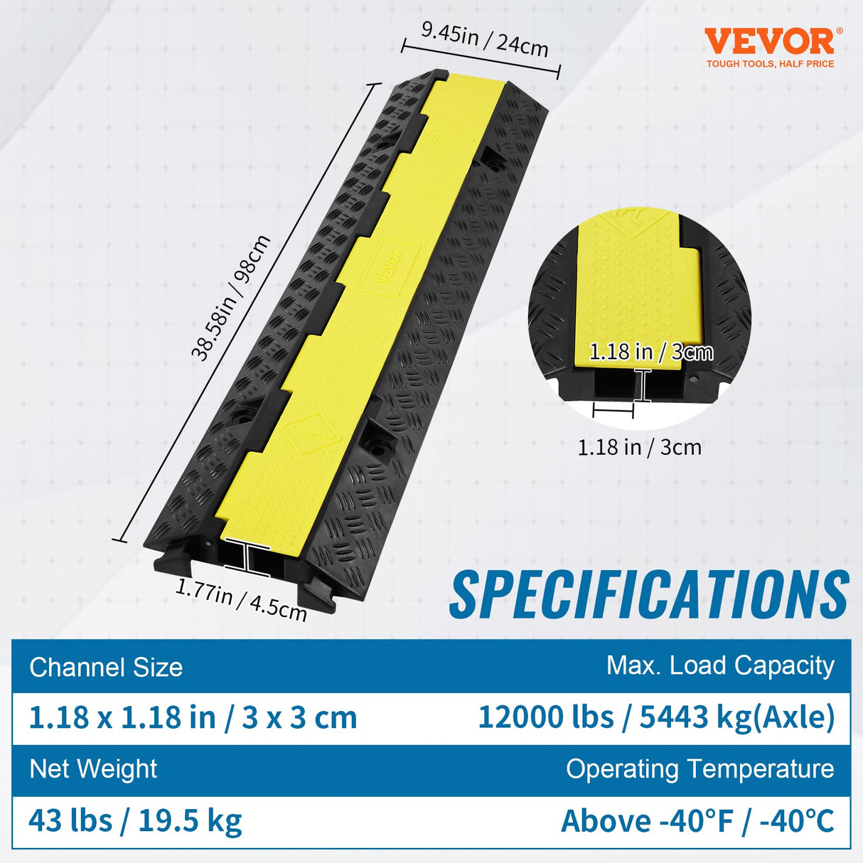 VEVOR Rampa de Protección de Cable 3 Piezas 2 Vías Canaleta Pasacables de Suelo 3 x 3 cm Protector de Cables de Caucho y PVC Capacidad de Carga 5443 kg Cubiertas de Suelo para Cables Negro y Amarillo