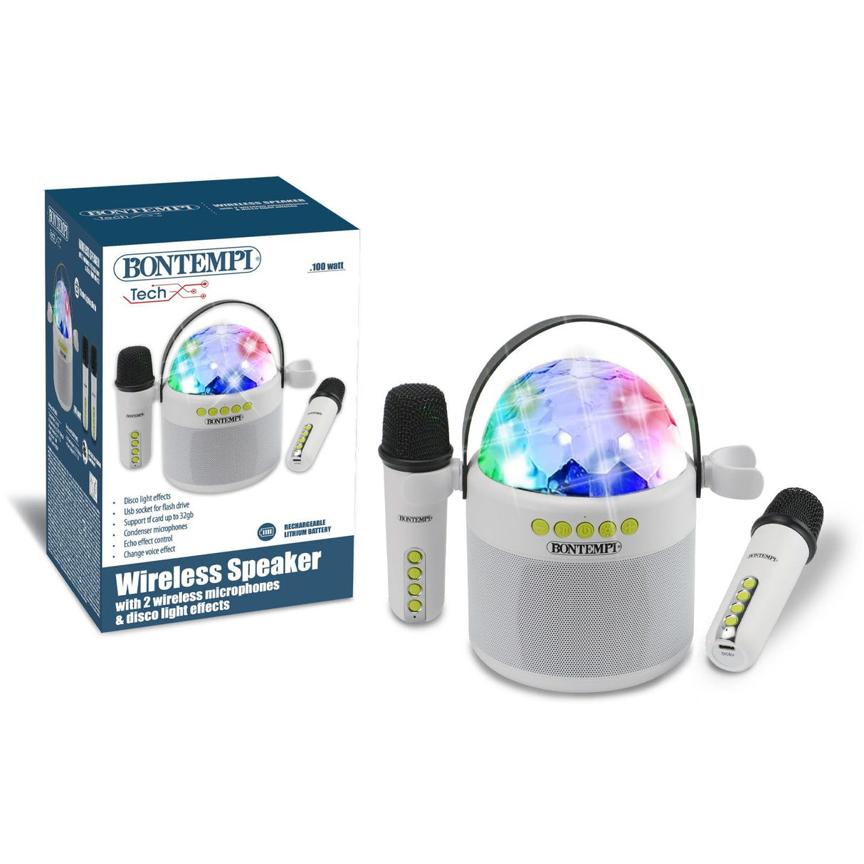 Bontempi | Altavoz Inalámbrico con Doble Micrófono y Luces LED de Discoteca, 18,5x17x12 cm