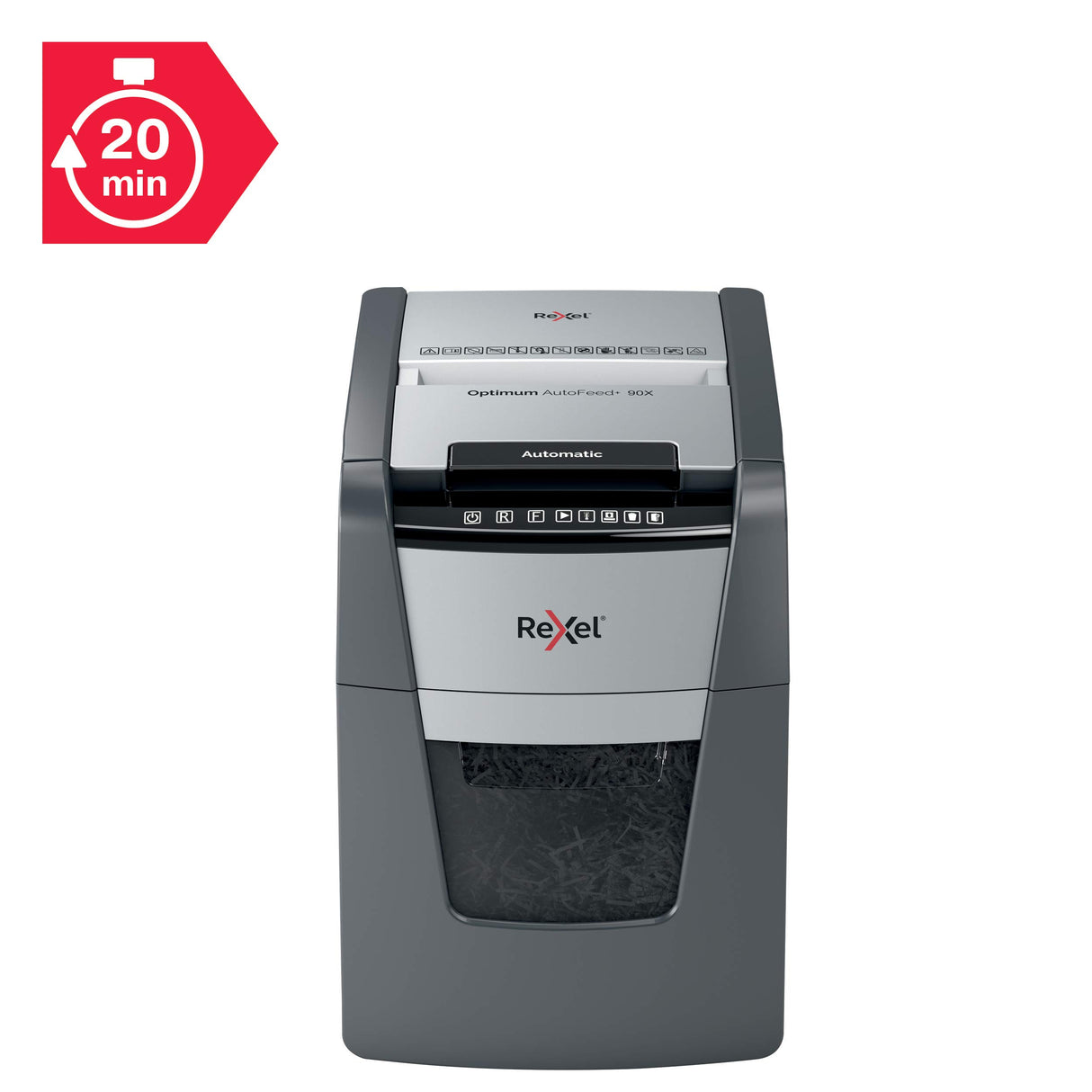 Rexel 2020090XEU - Destructora de Papel Automática Optimum AutoFeed 90X, Corte en Partículas P-4 (4x28 mm), 90 Hojas A4, Papelera Extraíble 34L, Destruye Grapas y Clips, Uso en Oficina