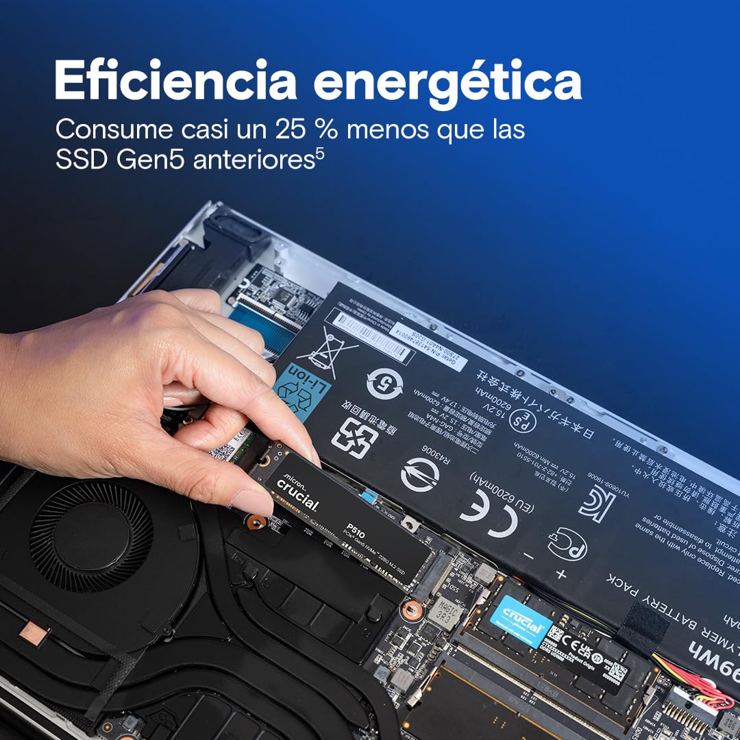 Crucial P510 SSD 1TB PCIe 5.0 x5 Gen5 NVMe M.2 SSD Interno, Velocidades de Lectura hasta 11000 MB/s, Escritura 9500 MB/s, Ordenador Portátil y de Sobremesa, Disco Duro - CT1000P510SSD8-01