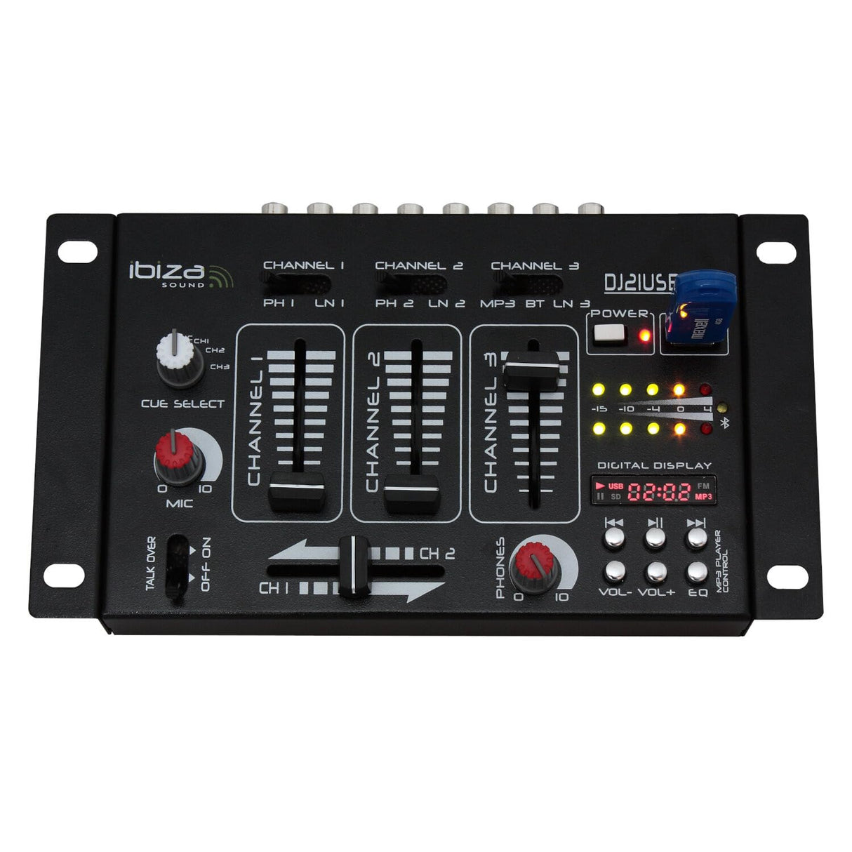 Ibiza - DJ21USB-BT - Mezclador de 4 vías/7 canales con varias entradas - Bluetooth y USB - Negro