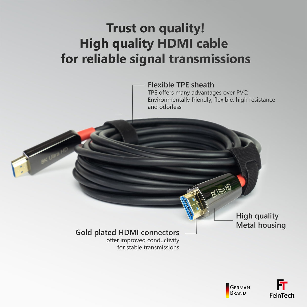 FeinTech 8K HDMI - Cable de fibra óptica (20 m, 4 K, 120 Hz, 1440 p, 144 Hz, para juegos HDMI 2.1, PS5, Xbox PC, TV, 48 Gbps, compatible con eARC, CEC, VRR, HDR, Dolby Atmos, 3D, VMI90200)