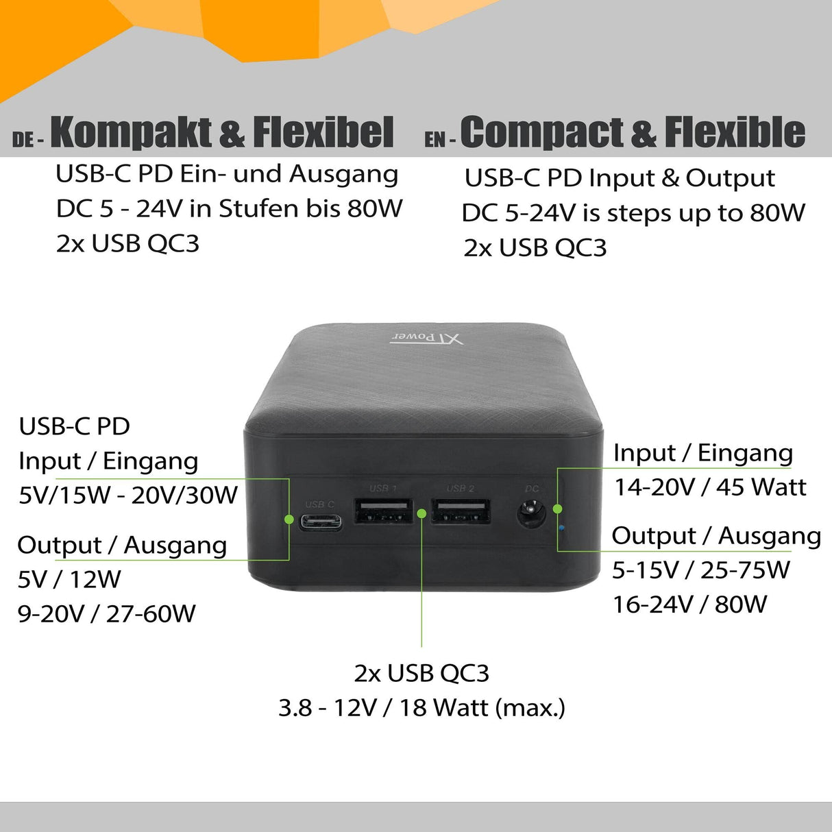 XTPower XT-27000DC-AO-PA Powerbank sin interrupción DC, Adaptador de Corriente Incluido – Batería Externa DC de 5 V a 24 V + USB-C PD + 2 x USB QC3 con 26800 mAh – para Altavoz de Radio fotógrafo