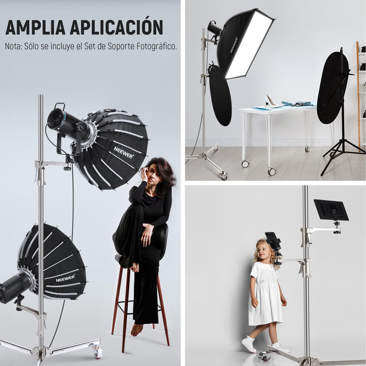 NEEWER Soporte de luz de Acero Inoxidable de 198 cm, Soporte de trípode Resistente con Ruedas giratorias, 2 Brazos deslizantes con Agarre de Pistola, Pata Plegable para fotografía, Caja de luz