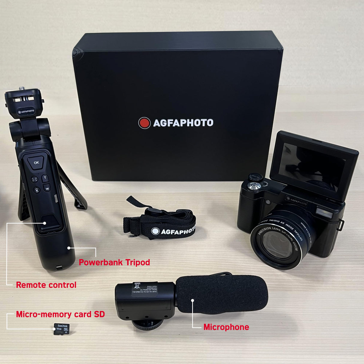 AGFA Photo - Kit de Vlogging Todo en Uno: Cámara VLG-4K Optical, Trípode Powerbank, Mando a Distancia, Micrófono y Tarjeta MicroSD de 32GB incluidos - ¡Captura Tus Momentos en 4K con Estilo! - Negro