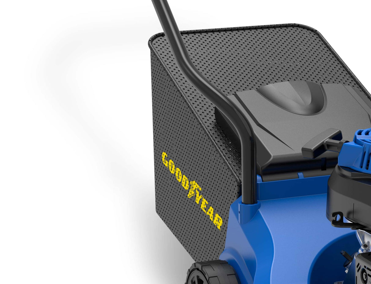 Goodyear - Cortacésped a Gasolina 132cc OHV 4T, 3.35HP, Ancho Corte 39cm, Altura Ajustable 30-66mm, Bolsa 35L, Chasis Plástico, Arranque Manual, Ideal Jardines Medianos
