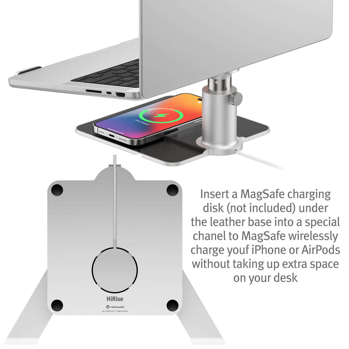 Twelve South HiRise Pro para portátiles y MacBooks, Soporte ergonómico y Ajustable en Altura con Base de Carga inalámbrica MagSafe (Plateado)