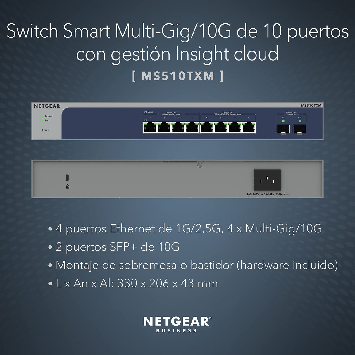 NETGEAR Switch de 8 puertos y 10 GB MS510TXM |Multigigabit gestionado Smart - 2x puertos SFP+ 10Gigabit - Montaje en sobremesa o en bastidor, y protección ProSAFE de por vida
