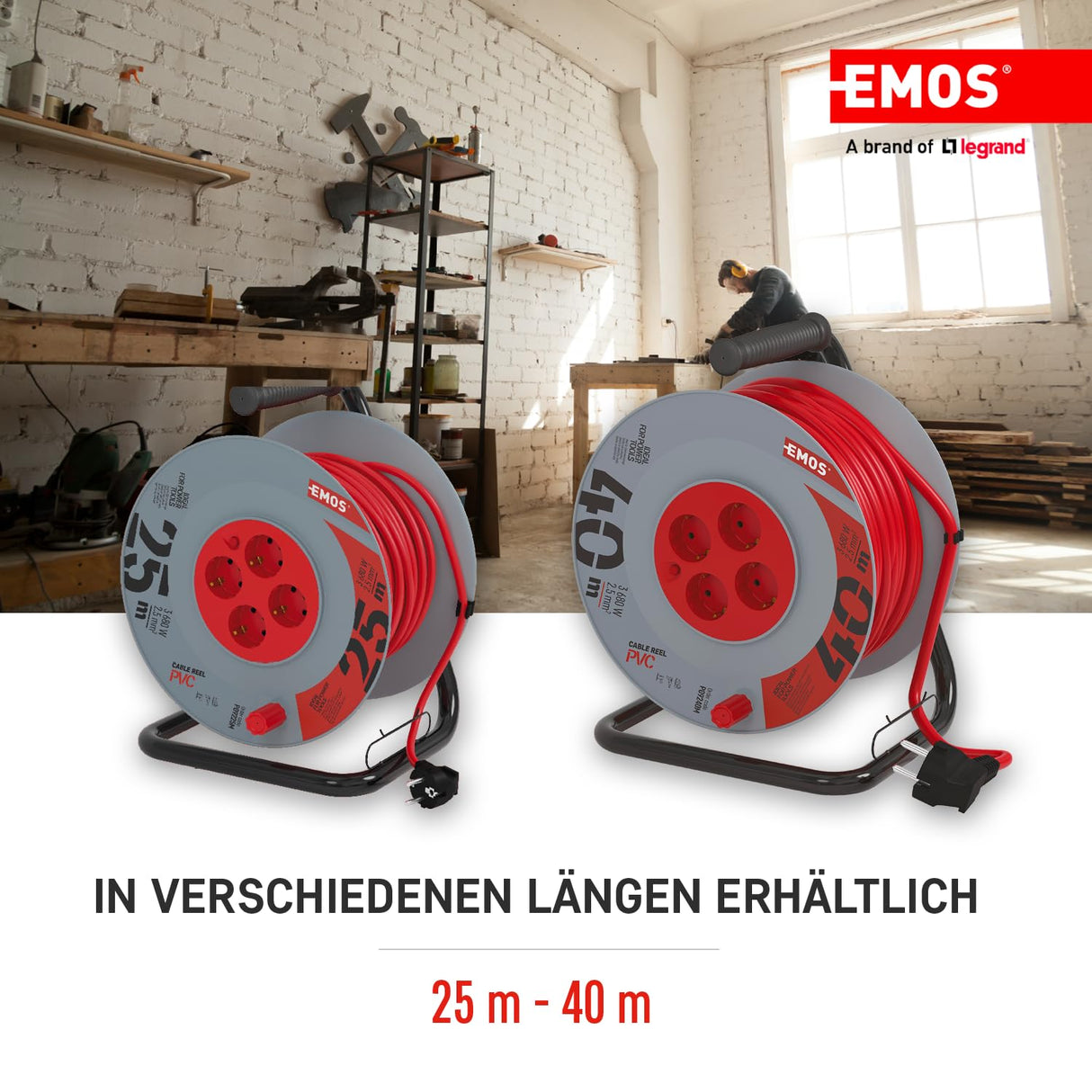 EMOS - Carrete de Cable de 40m con Cable alargador Reforzado - 4 enchufes Schuko - 230 V, 16 A, 3680 W - Aislamiento PVC - H05VV-F3G 2,5 mm2 - Protección contra sobrecalentamiento - IP20 para