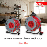 EMOS - Carrete de Cable de 40m con Cable alargador Reforzado - 4 enchufes Schuko - 230 V, 16 A, 3680 W - Aislamiento PVC - H05VV-F3G 2,5 mm2 - Protección contra sobrecalentamiento - IP20 para