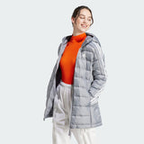 adidas Mujer Essentials 3-Stripes Light Down Hooded Parka, Grey, S