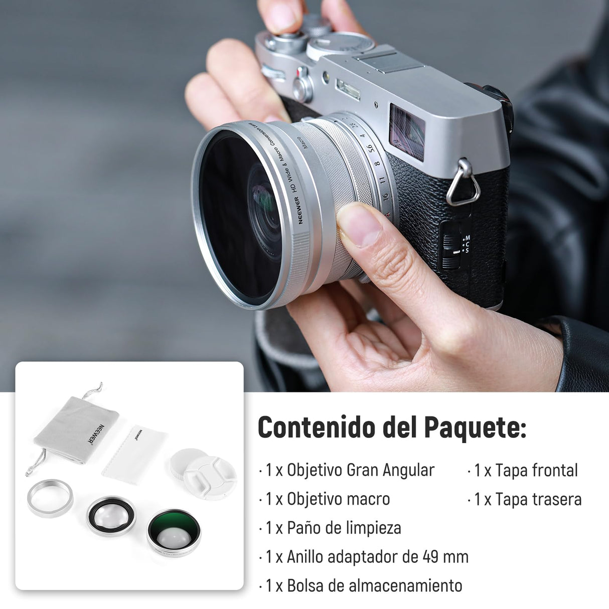 NEEWER Lente de gran angular de 49 mm, 0,75 x y macro adicional de 1,4 x para cámaras de la serie X100, lente HD 2 en 1 con anillo adaptador de 49 mm para cámaras Fujifilm X100 X100S X100F X100T X100V