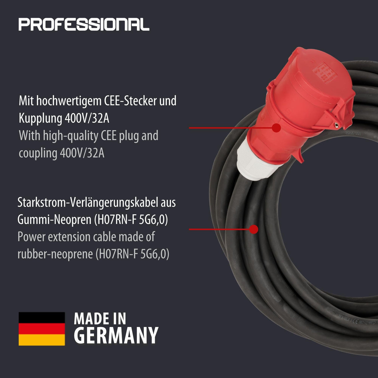 Brennenstuhl Professional CEE Cable alargador eléctrico IP44 (Cable de 10 m, con Enchufe y Conector CEE 400V/32A, 5-Polos, para Uso en Exteriores, Fabricado en Alemania) Negro