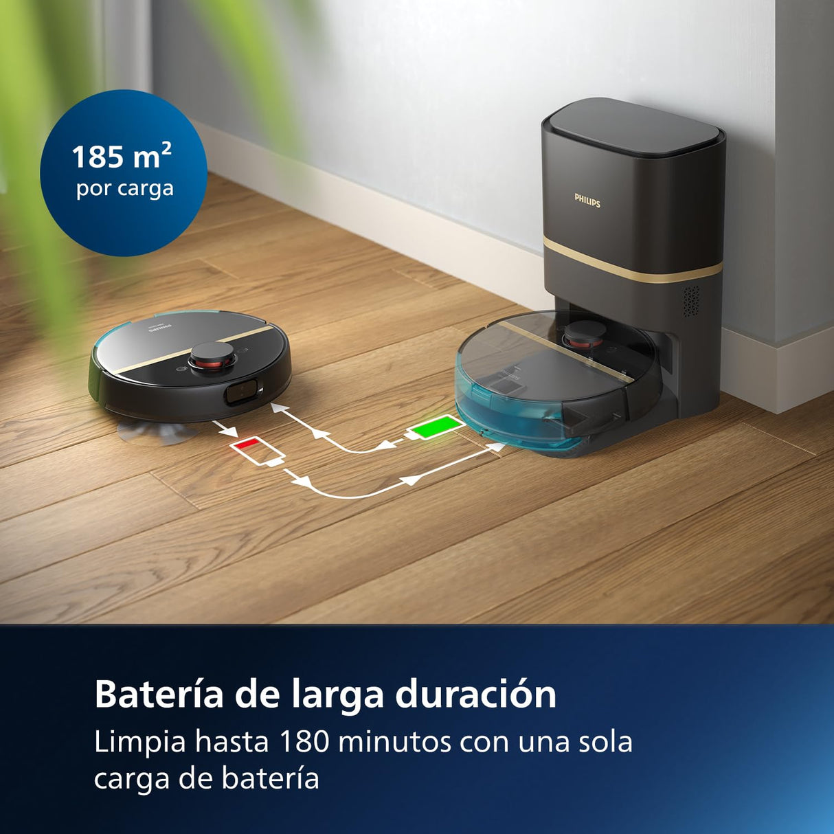 Philips Robot Aspirador y friegasuelos Homerun 7000, succión ultrapotente (5000 Pa), detección de obstáculos pequeños, estación de Vaciado automático, Robot Aspirador, App, Negro (XU7100/01)
