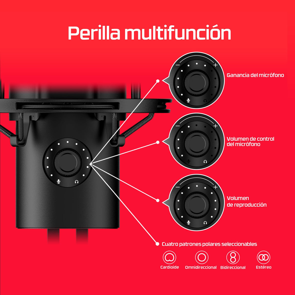 HyperX Quadcast 2 - Micrófono USB para gaming, streaming, podcast, cuatro patrones polares, controles, LED, antivibración, para PC, PS4, PS5 y Mac, Negro y Rojo
