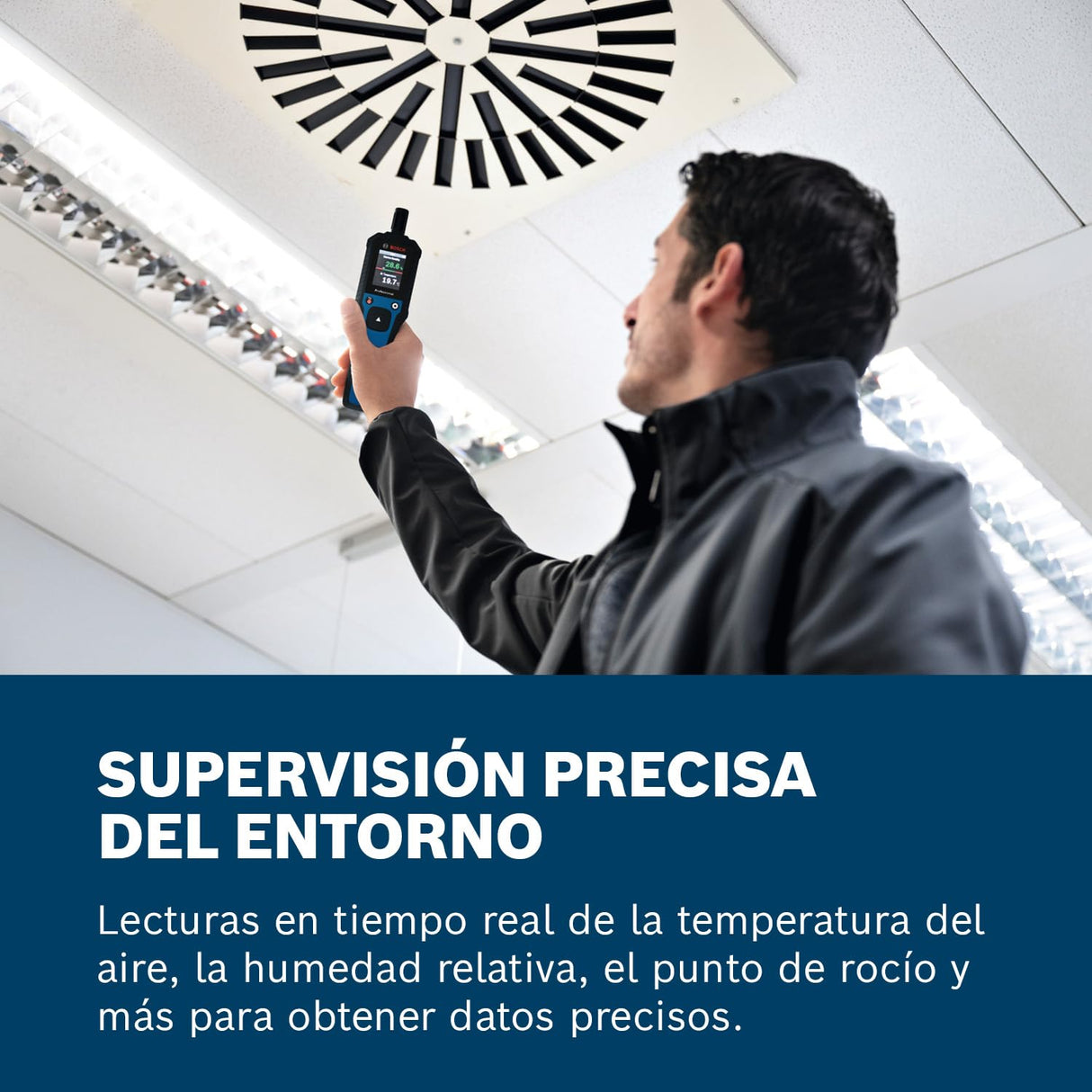 Termohigrómetro GDH 1-17 de Bosch Professional (lecturas en tiempo real, pantalla LCD a color de alto contraste, clasificación IP65, carcasa de goma, 2 pilas AA, bolsa)