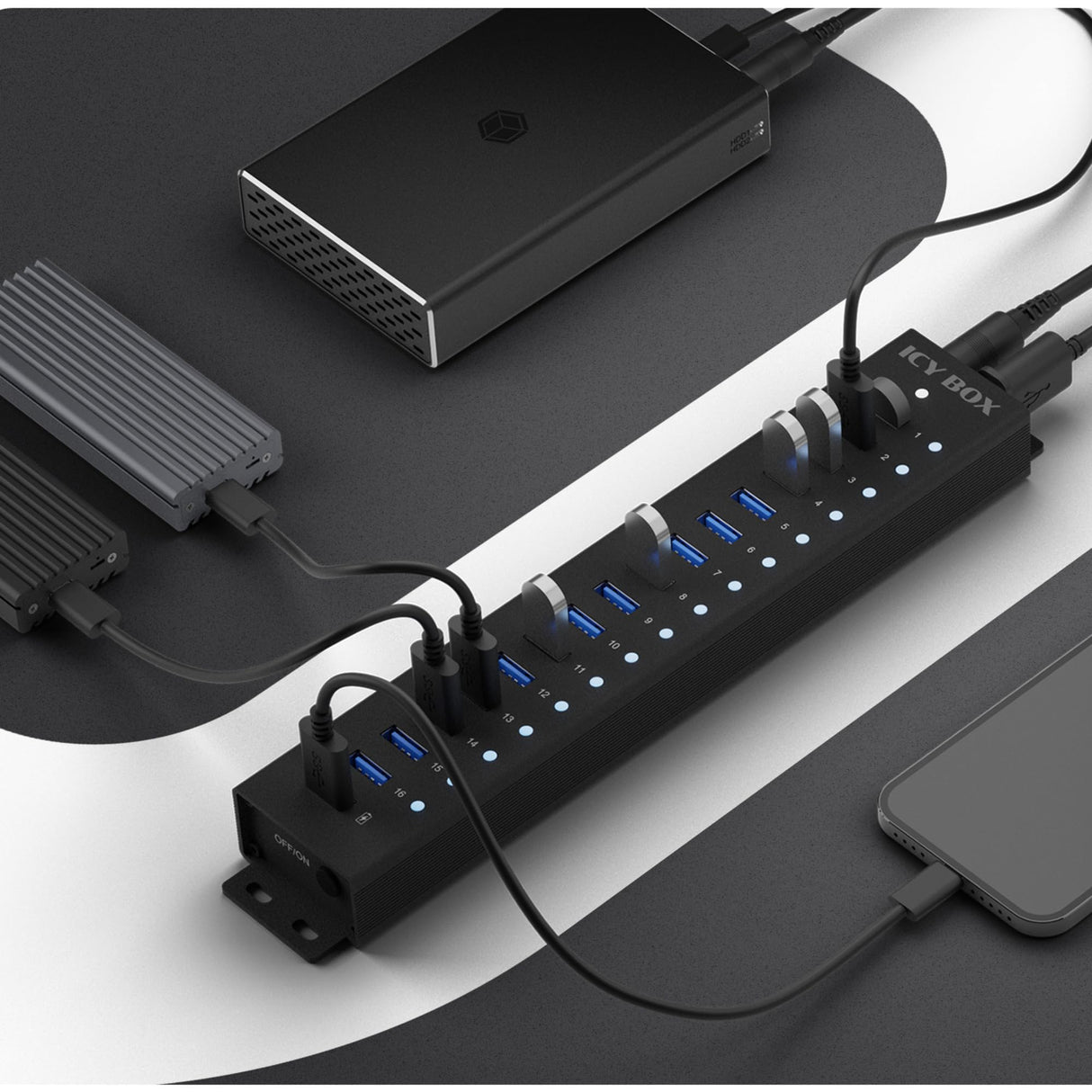 ICY BOX IB-HUB1717-U3 - Concentrador USB (17 Puertos), 16 Puertos USB y 1 Carga USB, USB 3.2 Gen 1 (5 Gbps por Puerto), con Fuente de alimentación de 96 W, USB-A, Aluminio, IB-HUB1717-U3